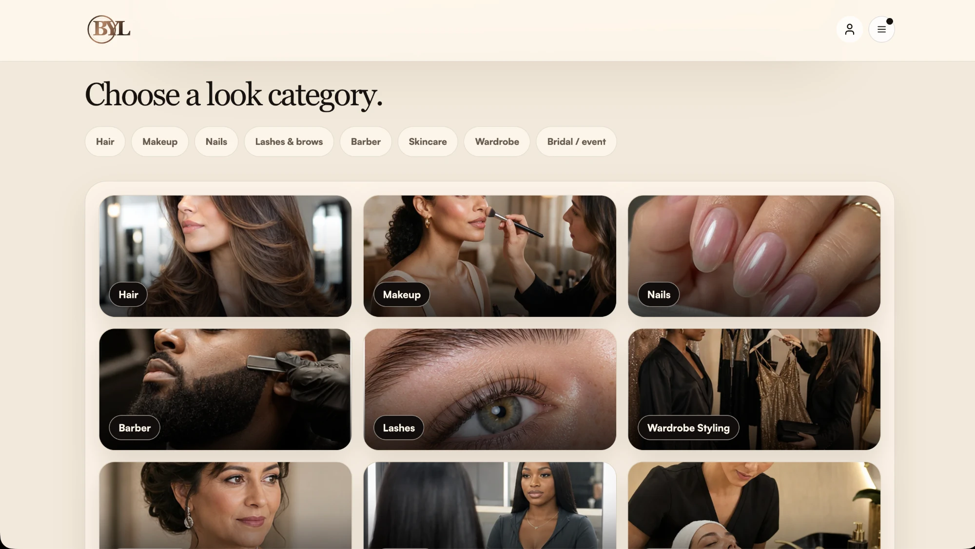 BidYourLook category picker: photo tiles for hair, makeup, nails, barber, lashes and wardrobe styling.