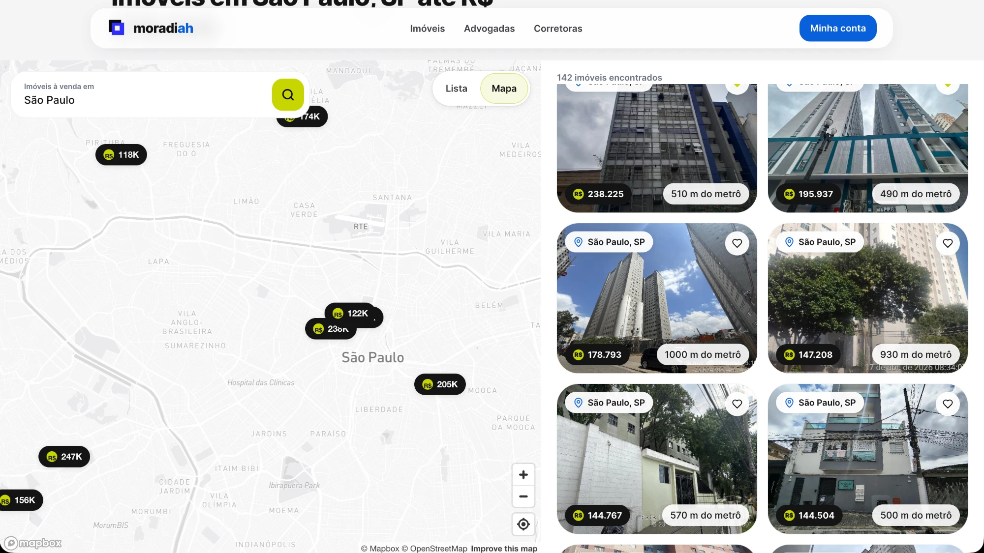Moradiah search: São Paulo listings on a map with price pins, next to property cards showing price and distance to the metro.