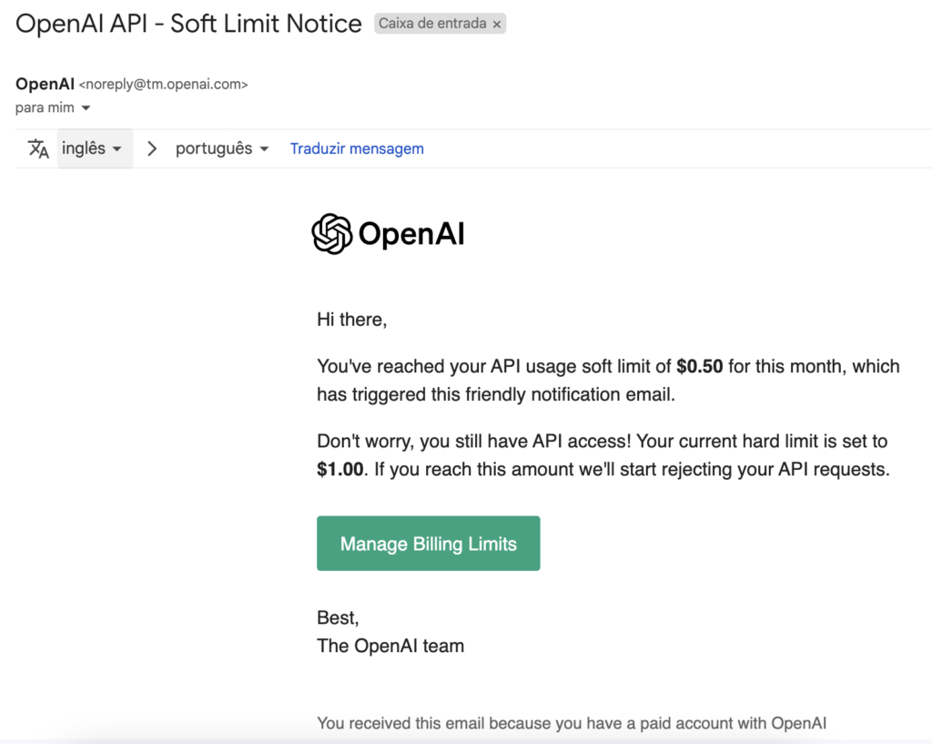 email que recebi quando cheguei a metade do uso dos créditos do mies